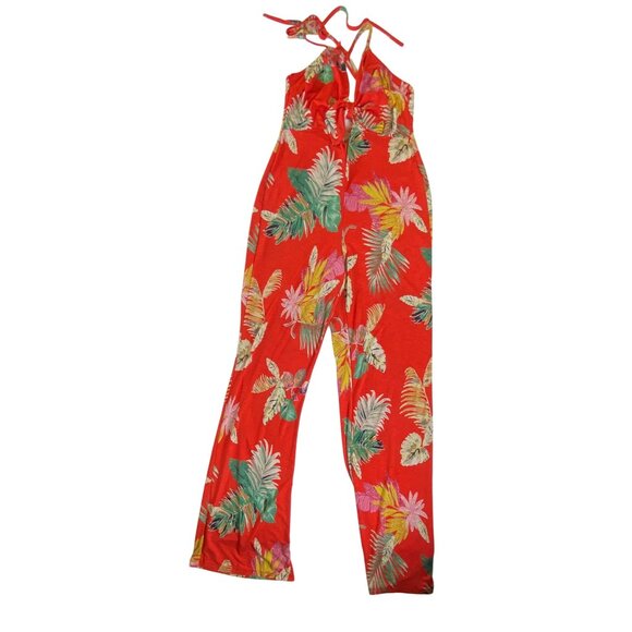 Orange Floral Halter Jumpsuit Large Sexy Stretch Tropical Pinup Retro Stretch - Picture 3 of 6